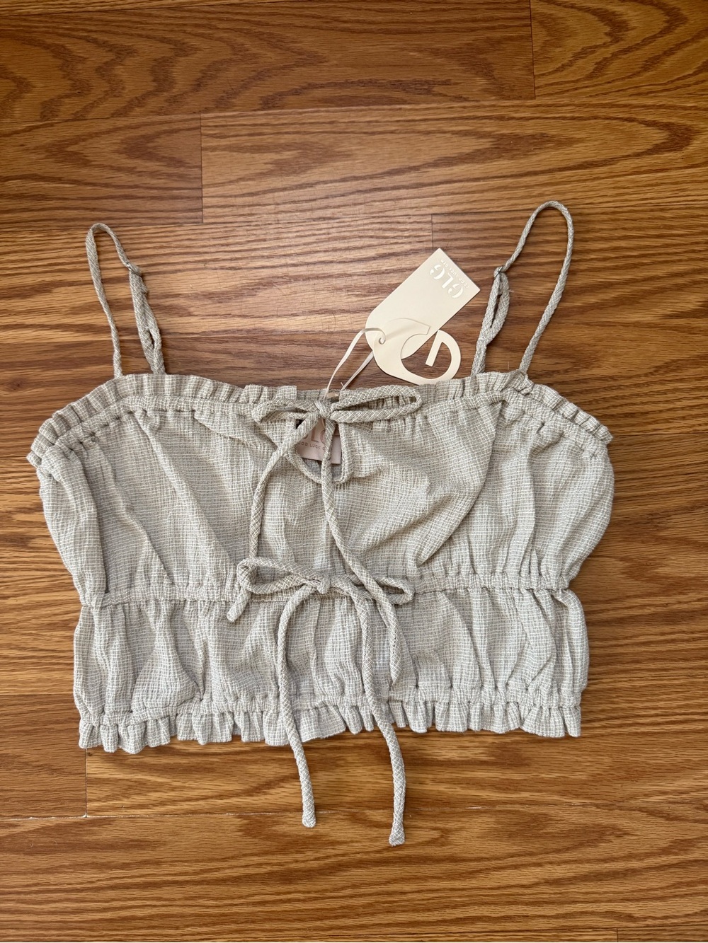 Good Luck Gem beige Smocked Crop Top Cami with Tie Front Women Size S